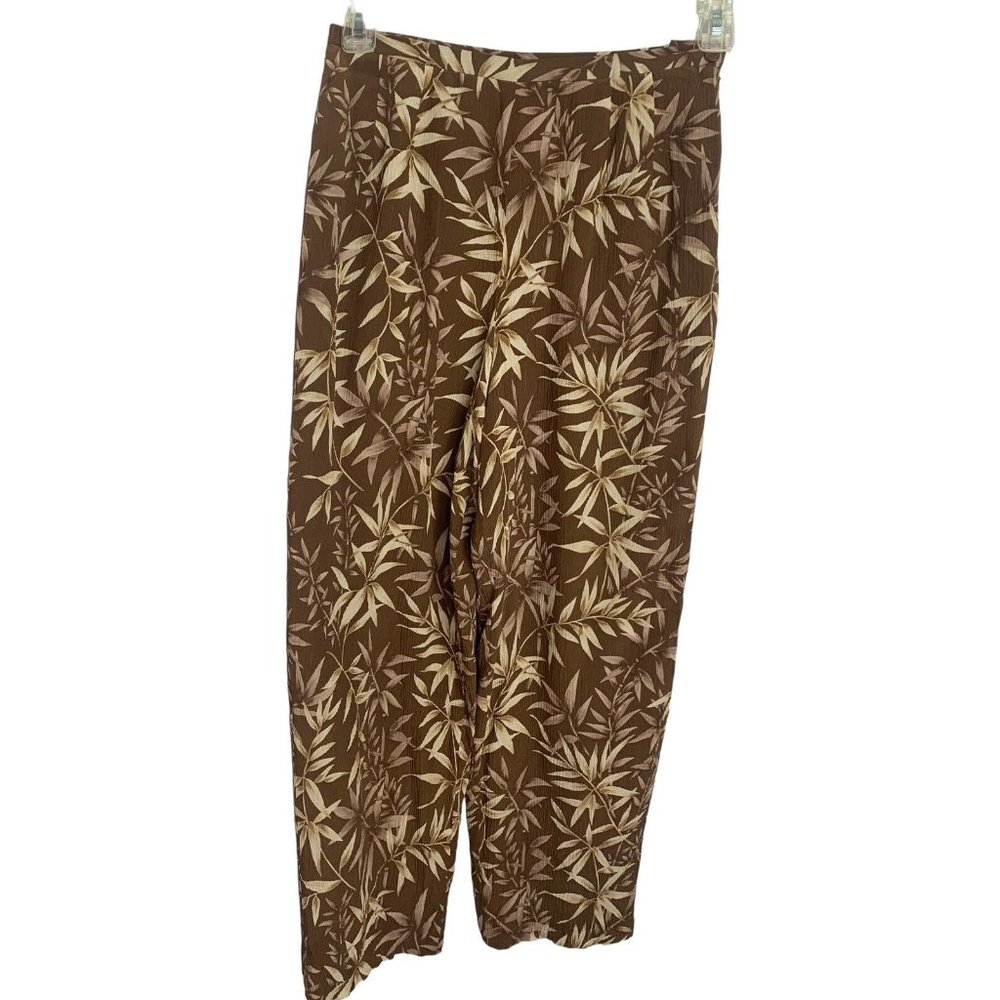 #1451 Talbots Brown Floral Silk Pants Size 12P Petites 100% Silk Lined Tropical